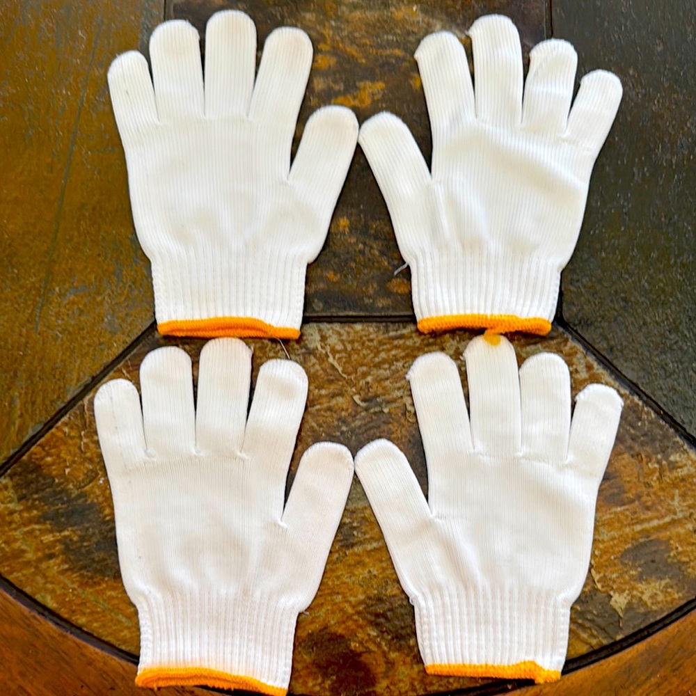 Two Pairs of White Knit Gloves with Yellow Trim 🧤
